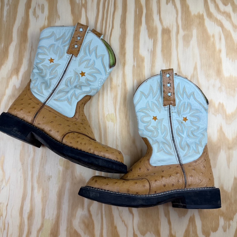 Ariat Fatbaby Western Boots Tan Ostrich Print Light Blue Star 16729 Womens 8.5B